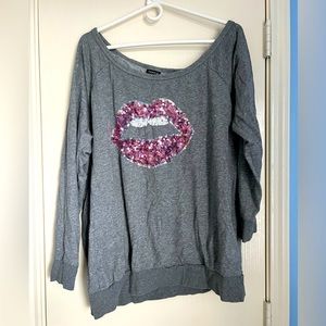 Torrid Beast Cancer Awareness - Sequin Lips Gray Terry Off Shoulder Sweatshirt